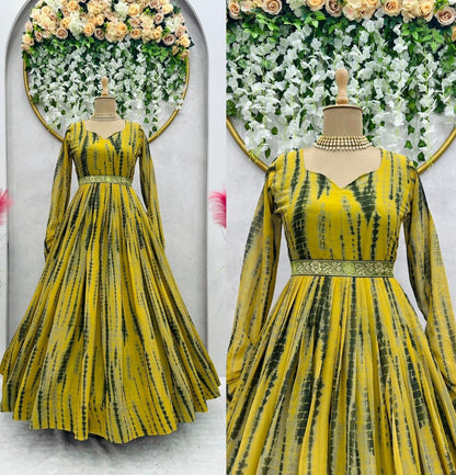 Yellow georgette printed gown