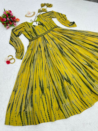 Yellow georgette printed gown