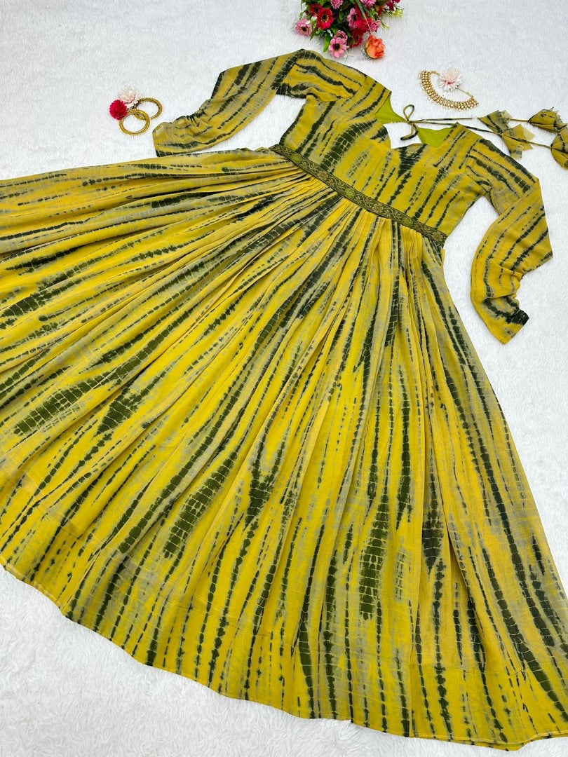 Yellow georgette printed gown