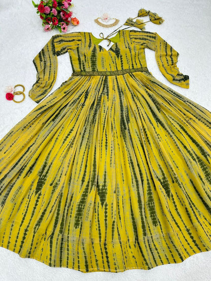 Yellow georgette printed gown