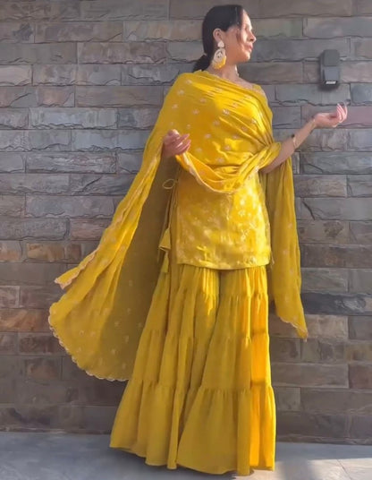 Yellow georgette sharara suit for ceremony