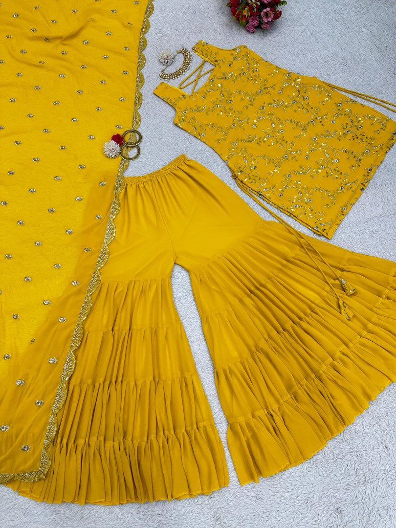 Yellow georgette sharara suit for ceremony