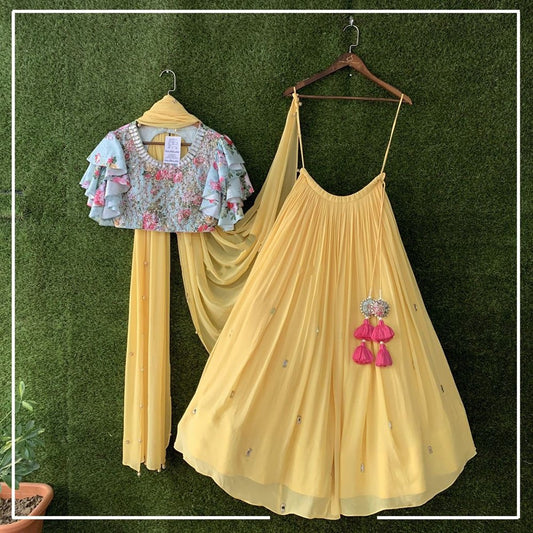 yellow georgette stylist ceremonial lehenga