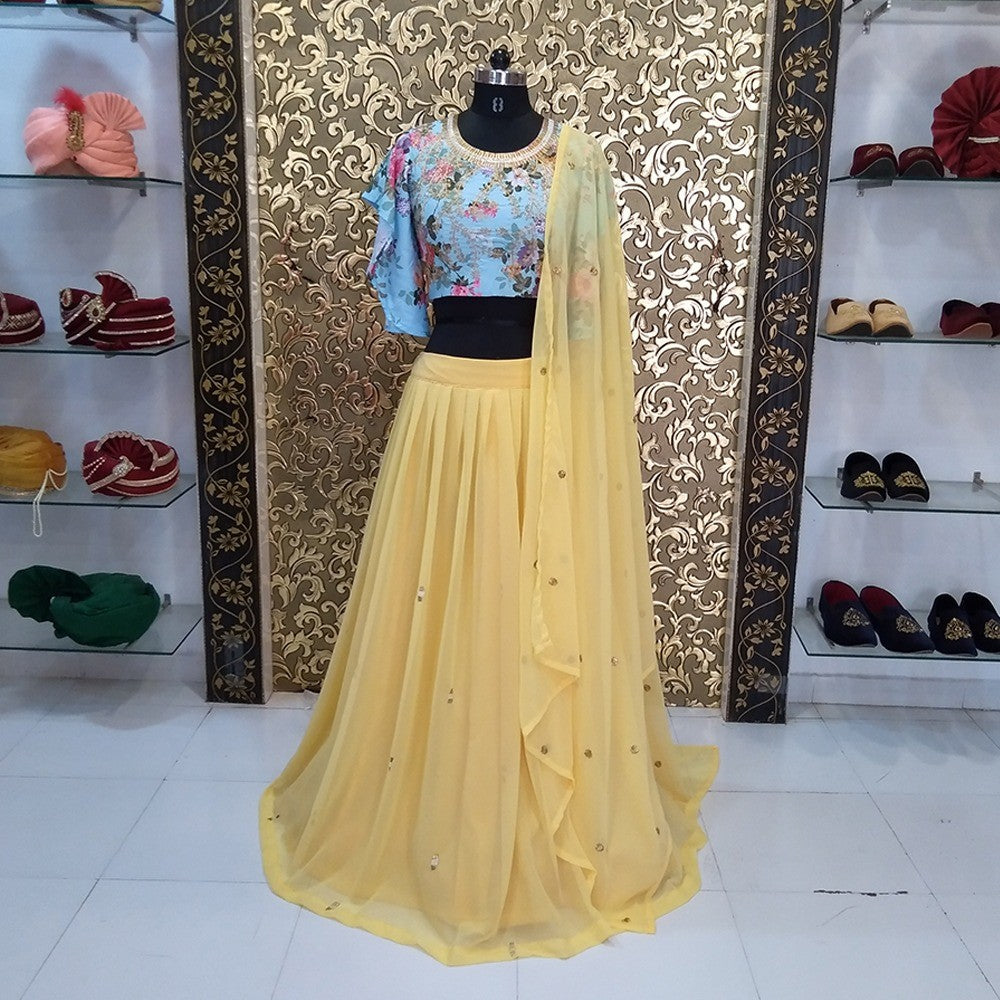 yellow georgette stylist ceremonial lehenga