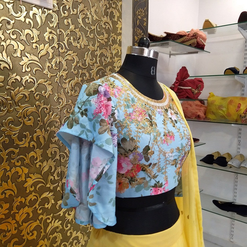yellow georgette stylist ceremonial lehenga
