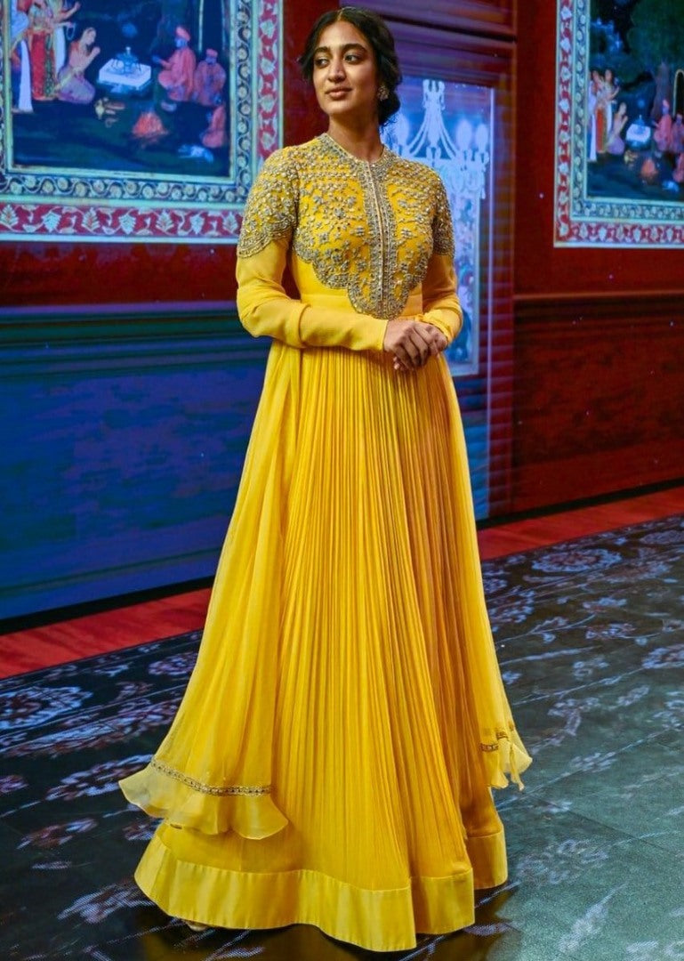 Yellow georgette thread and sequence embroidered long gown