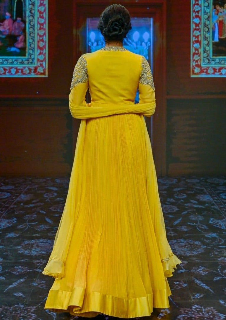 Yellow georgette thread and sequence embroidered long gown