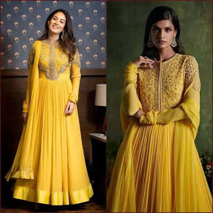 Yellow georgette thread and sequence embroidered long gown