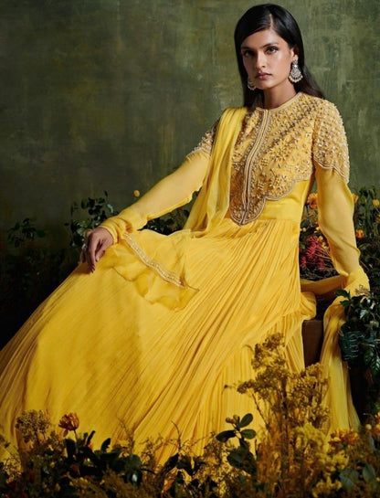 Yellow georgette thread and sequence embroidered long gown