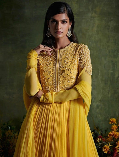 Yellow georgette thread and sequence embroidered long gown