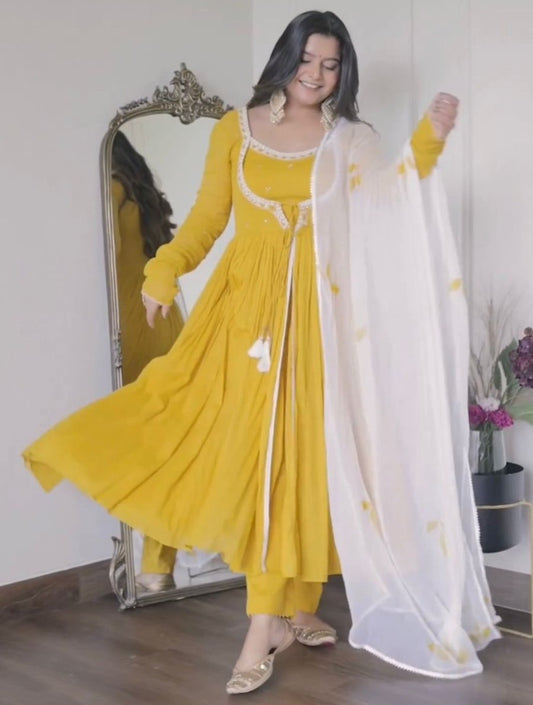 Yellow georgette thread sequence work anarkali suit
