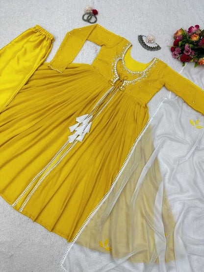 Yellow georgette thread sequence work anarkali suit