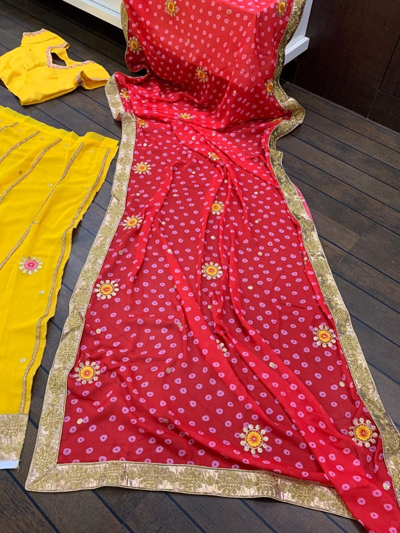 Yellow georgette zari and thread embroidered lehenga choli