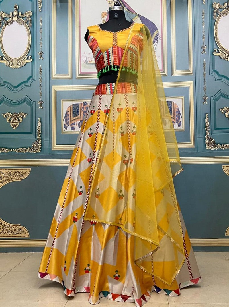 Yellow gotta satin digital printed lehenga choli