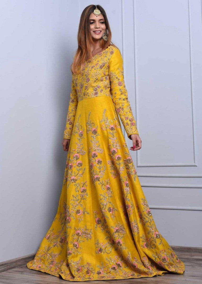 yellow heavy banglori silk embroidered wedding gown