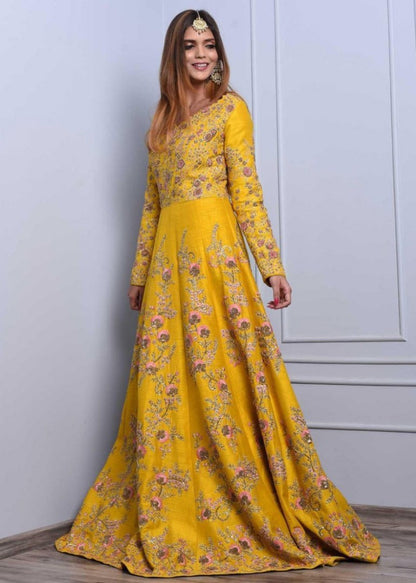 yellow heavy banglori silk embroidered wedding gown