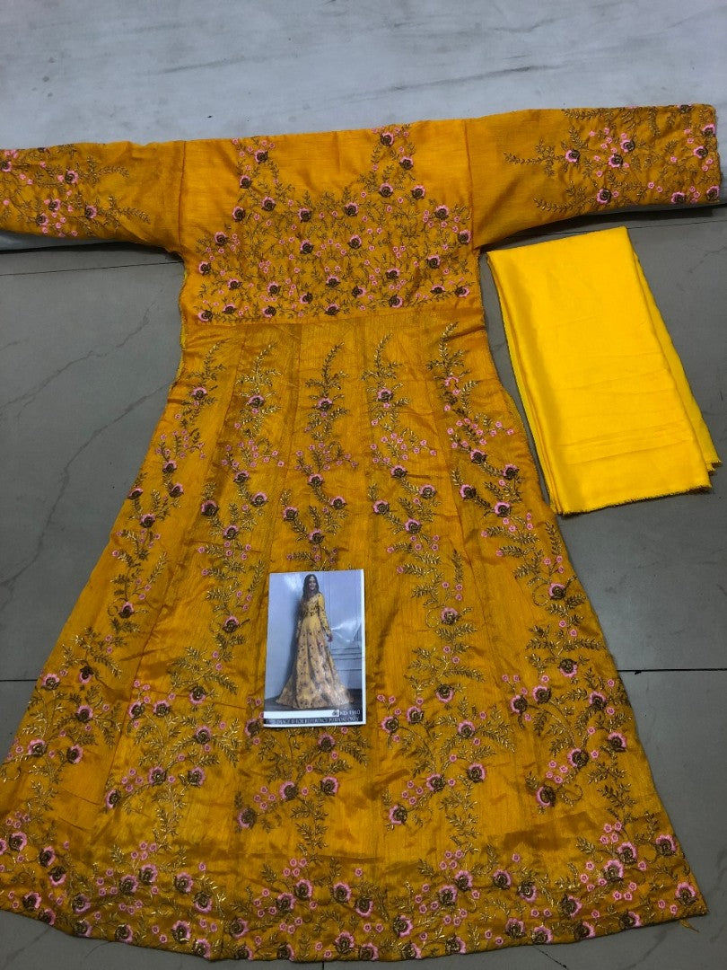 yellow heavy banglori silk embroidered wedding gown