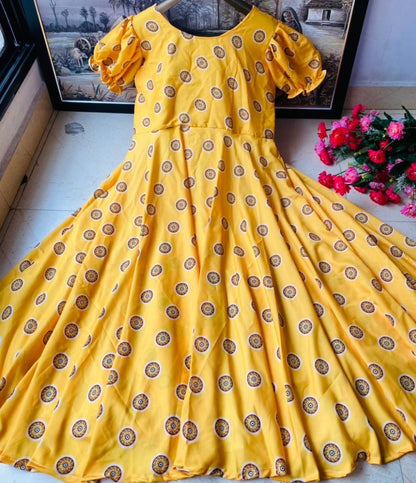 Yellow heavy butter silk digital printed work party wear gown