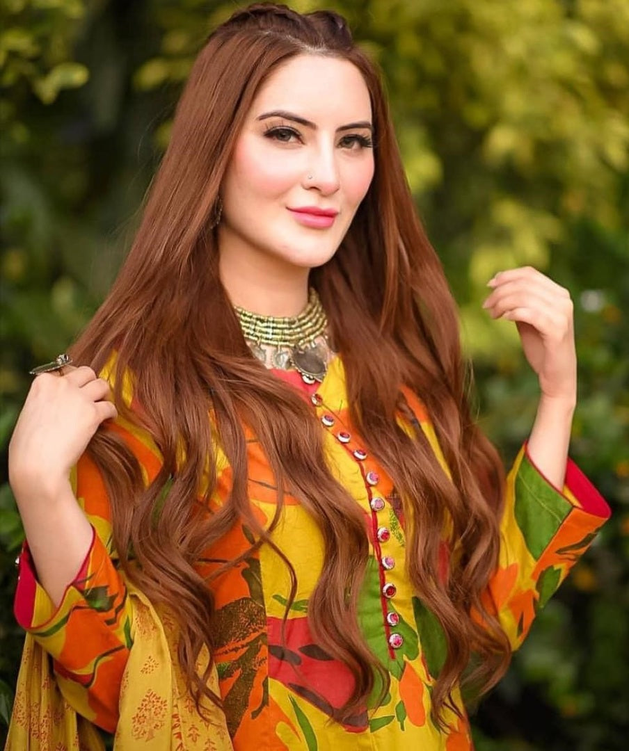 Yellow heavy butter silk flower printed work gown