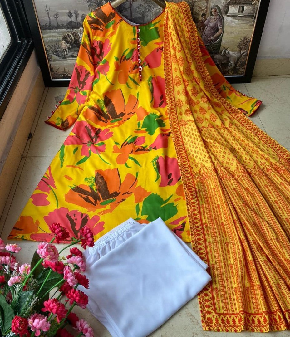 Yellow heavy butter silk flower printed work gown