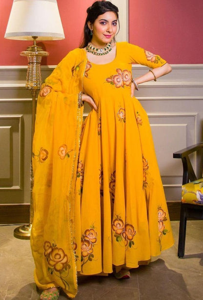Yellow heavy georgette digital floral printed party wear gown