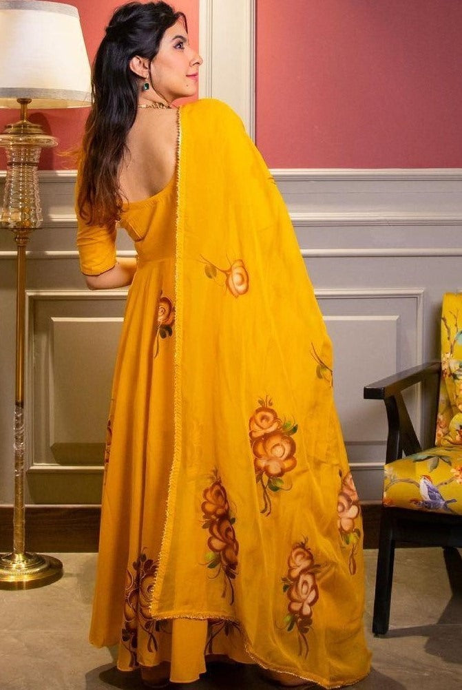 Yellow heavy georgette digital floral printed party wear gown