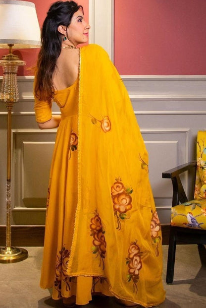 Yellow heavy georgette digital floral printed party wear gown