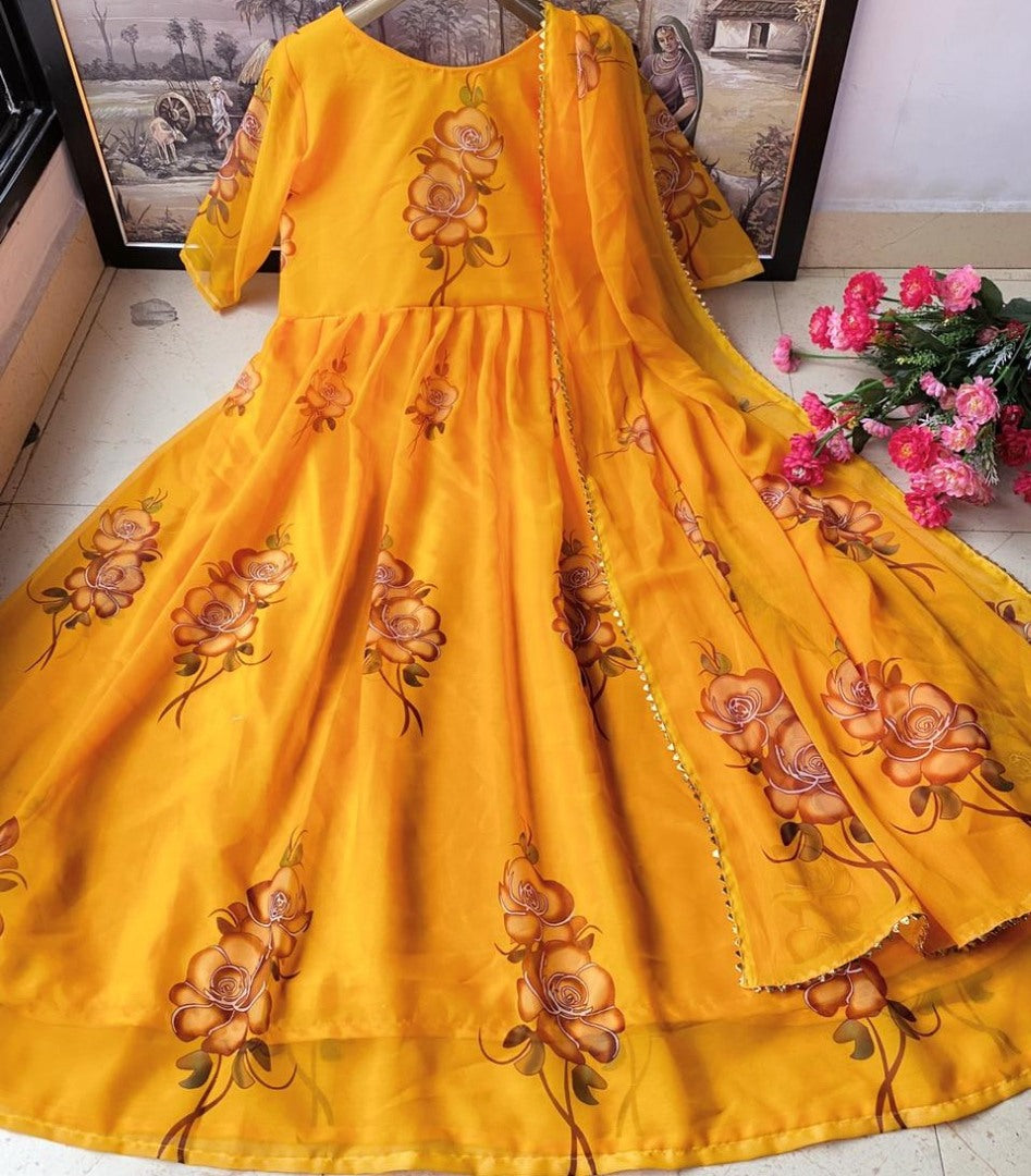 Yellow heavy georgette digital floral printed party wear gown