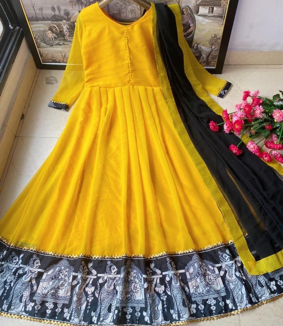 Yellow heavy georgette digital printed work ceremonial wear gown with dupatta