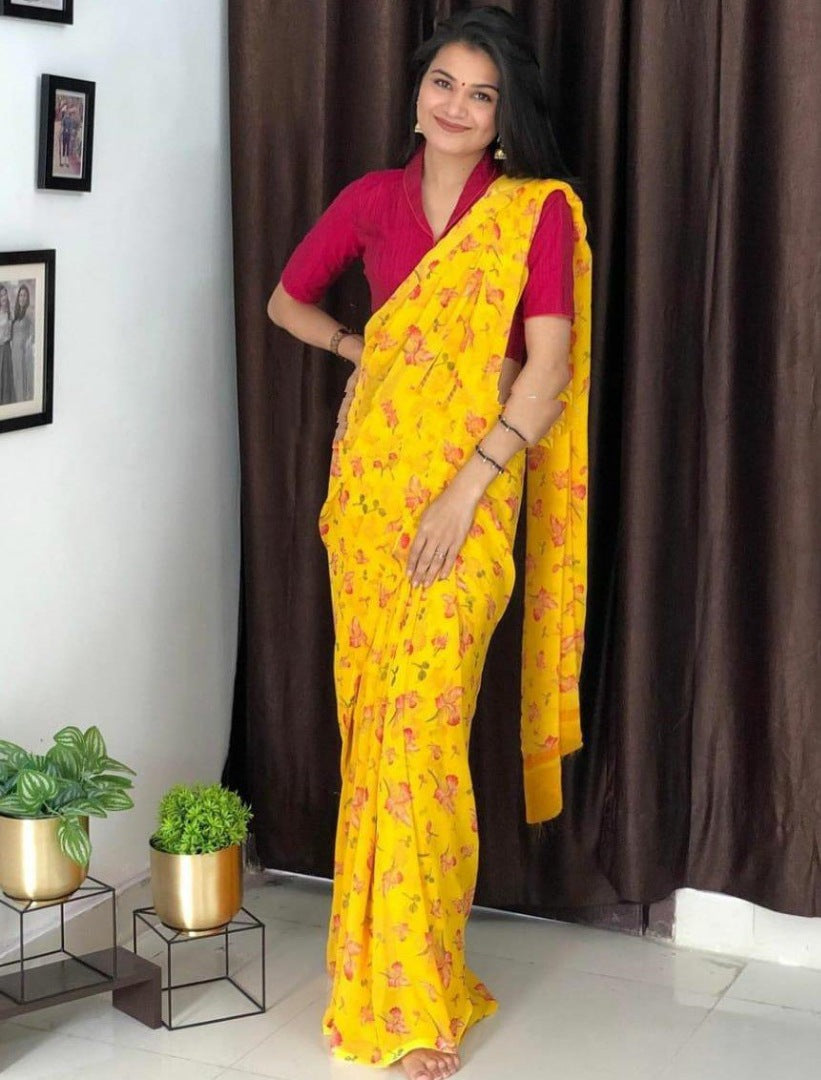 Yellow heavy georgette digital printed work party wear saree