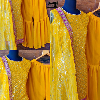 Yellow heavy georgette embroidered designer sharara salwar suit