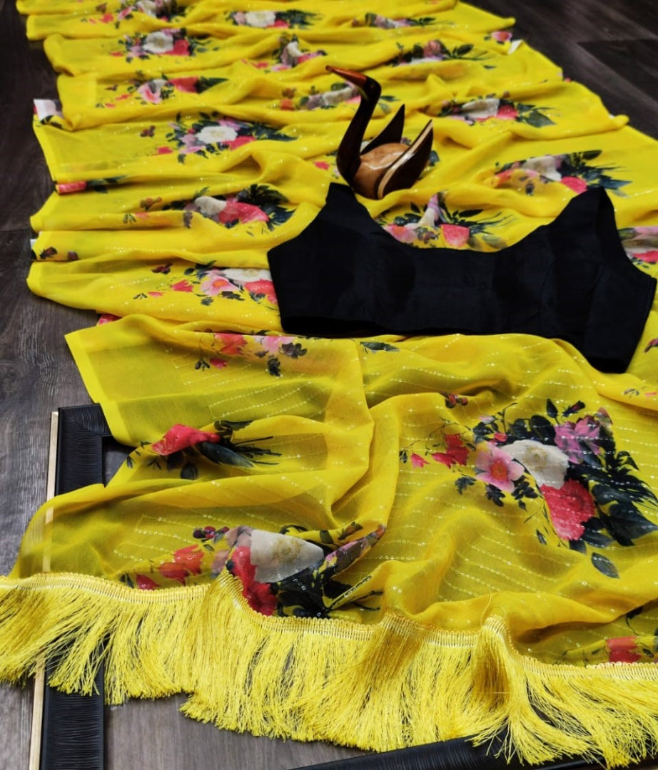 Yellow heavy georgette flower sequence work saree