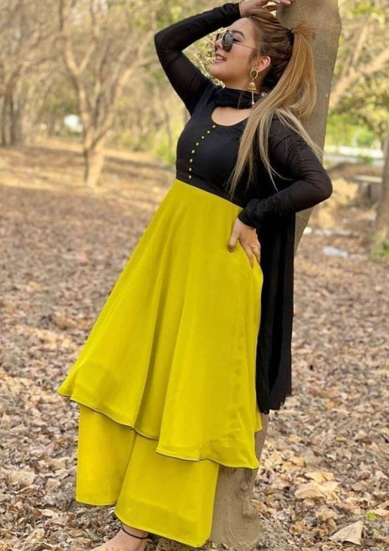 Yellow heavy georgette party wear plazzo suit