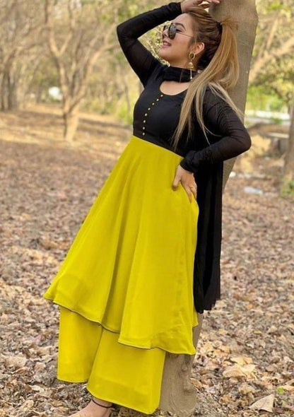 Yellow heavy georgette party wear plazzo suit