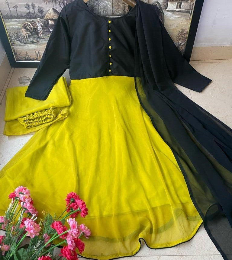 Yellow heavy georgette party wear plazzo suit