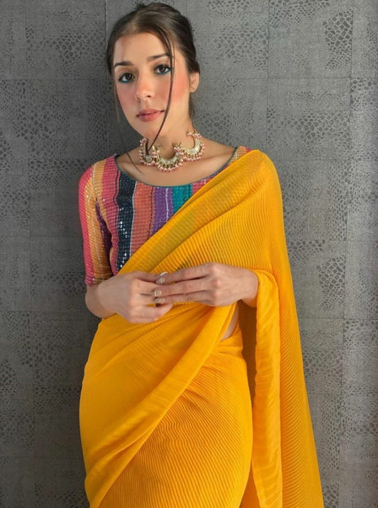 Yellow heavy georgette pattern work fancy saree