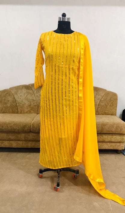 Yellow heavy georgette sequence work designer salwar suit