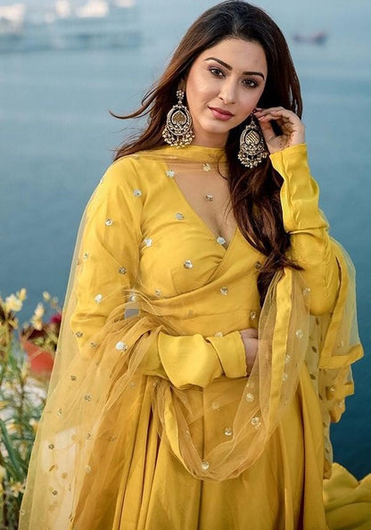 Yellow heavy japan silk anarkali gown with salwar
