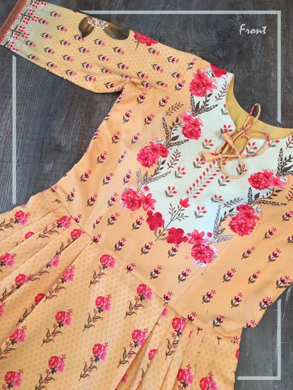 Yellow heavy maslin cotton printed gown