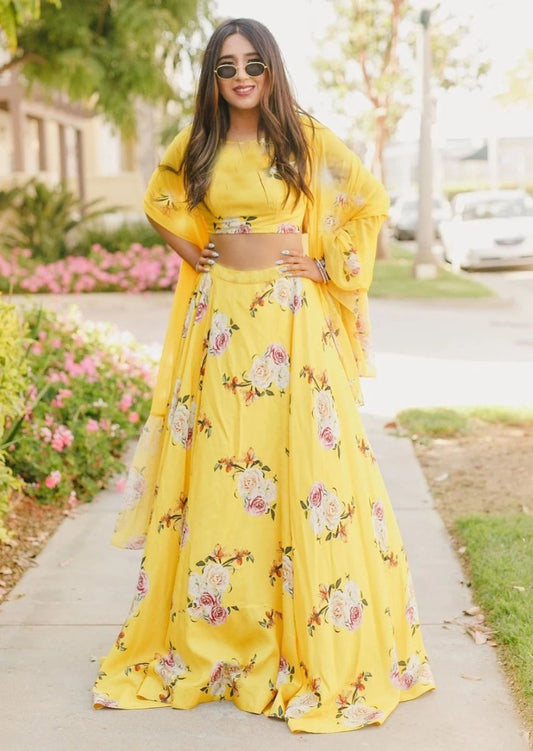 Yellow heavy satin floral digital printed lehenga choli