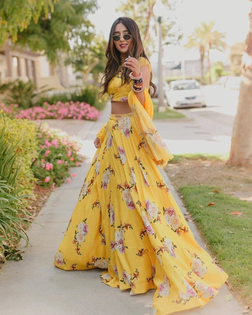 Yellow heavy satin floral digital printed lehenga choli
