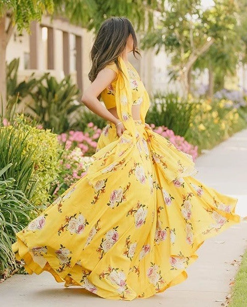 Yellow heavy satin floral digital printed lehenga choli