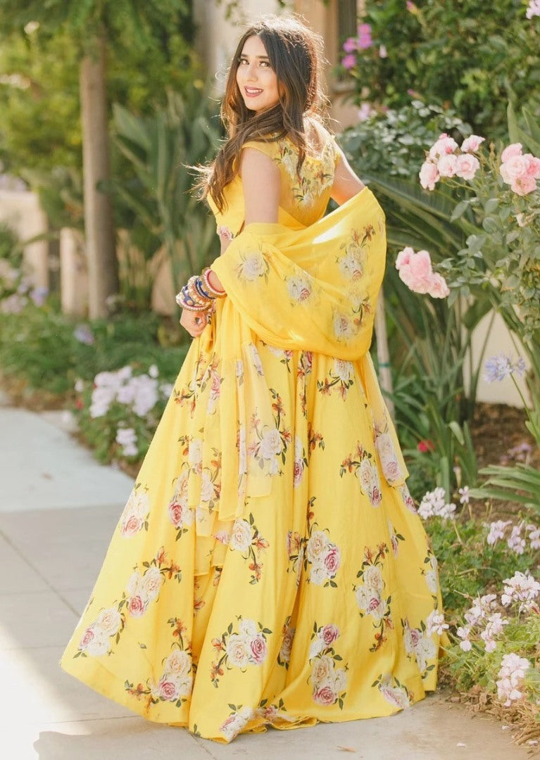 Yellow heavy satin floral digital printed lehenga choli
