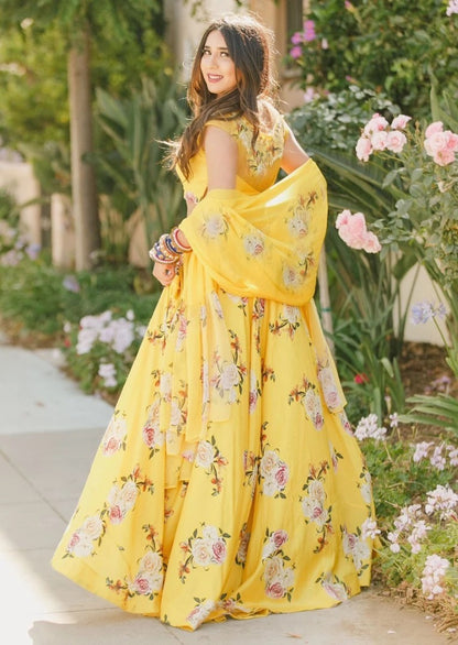 Yellow heavy satin floral digital printed lehenga choli