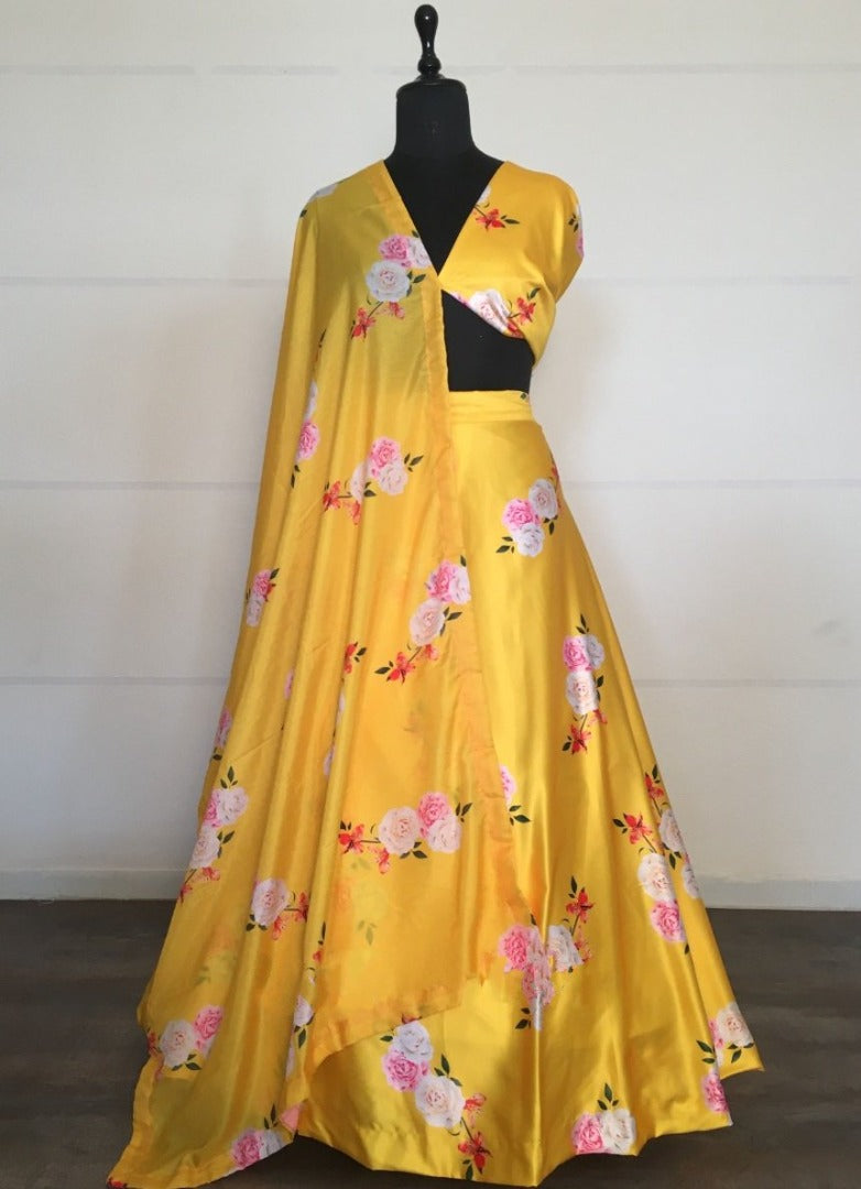 Yellow heavy satin floral digital printed lehenga choli
