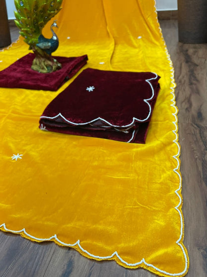 Yellow heavy velvet handwork saree