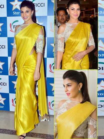 yellow japan crepe partywear saree with thread and handwork blouse