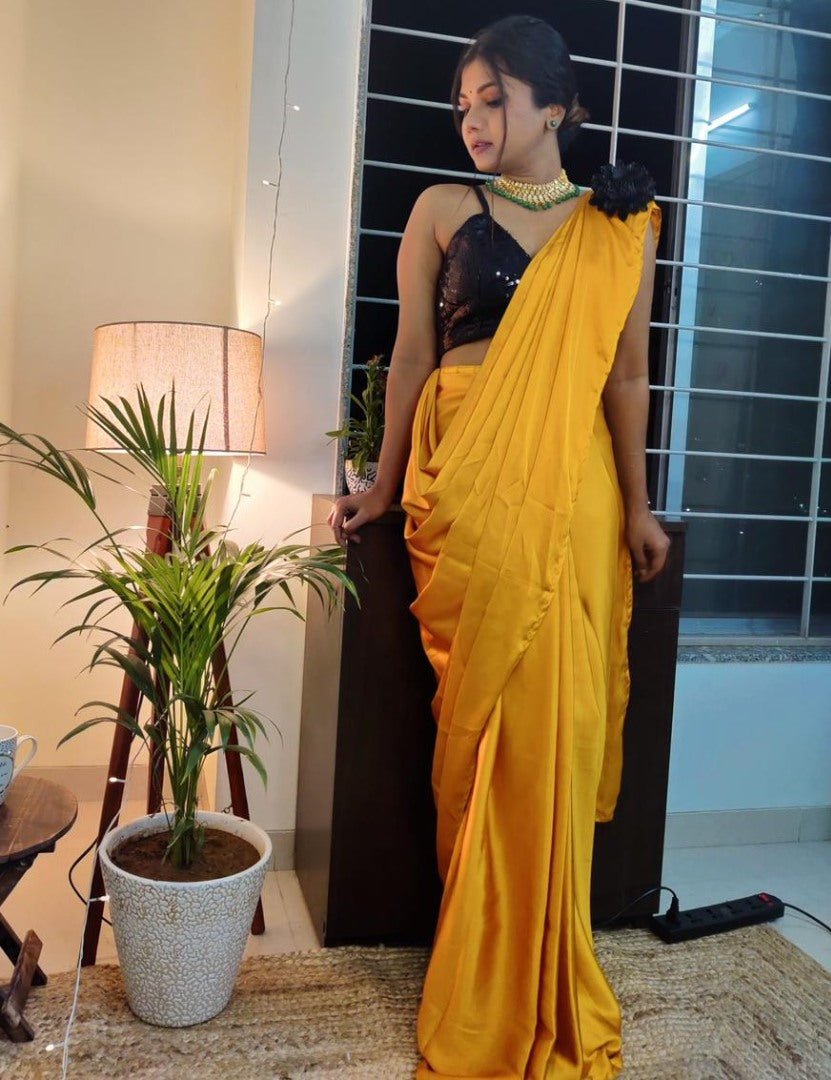 Yellow japan satin ready to wear plain partywear saree