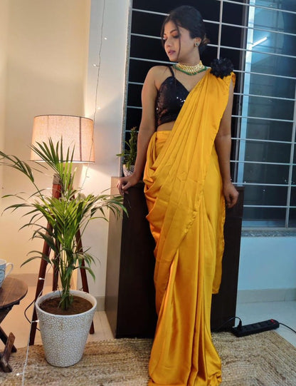 Yellow japan satin ready to wear plain partywear saree