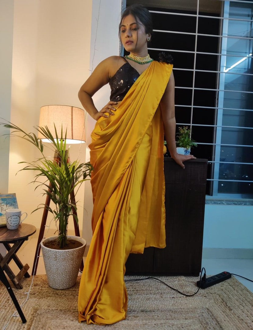 Yellow japan satin ready to wear plain partywear saree